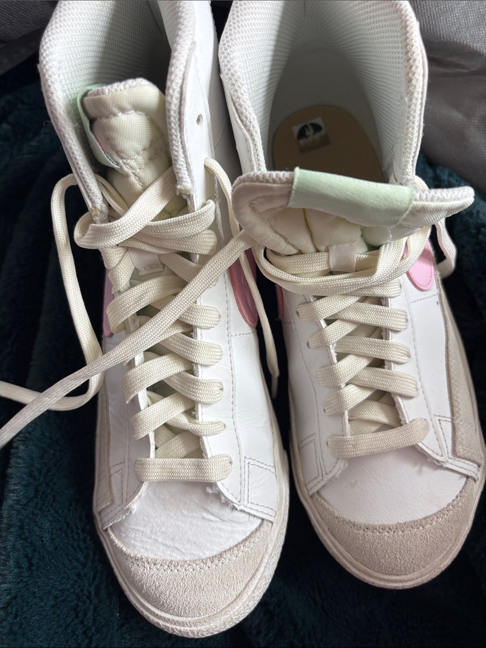 Nike White High-Top Sneakers with Pastel Pink and Mint Accents